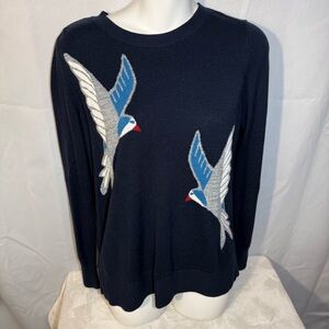 LOFT Navy Bird Sweater Metallic Knit Graphic Small‎